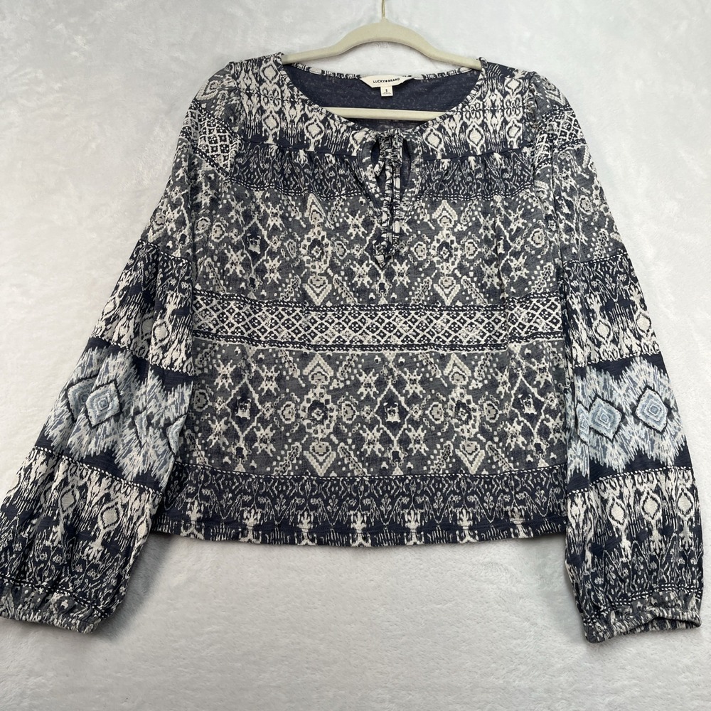 Lucky Brand Long Sleeve Top Womens Small Aztec Puff Sleeve Tie Front Boho‎